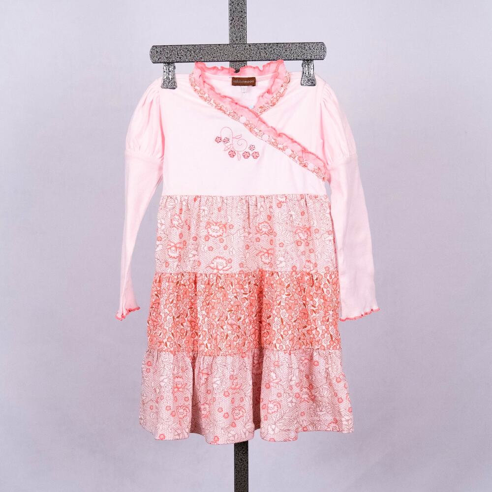 Rabbit Moon Girls Size 3Y 100% Cotton Floral Cottage Pink Ruffled Tiered Easter